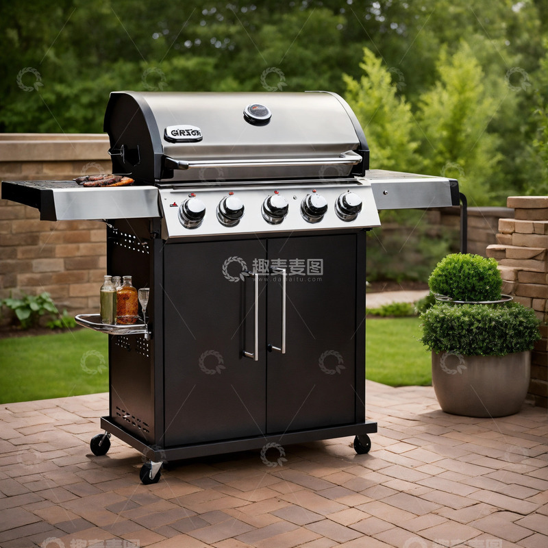 高清大图下载【趣麦麦图】黑色金属烧烤炉不锈钢露台AI插画素材3