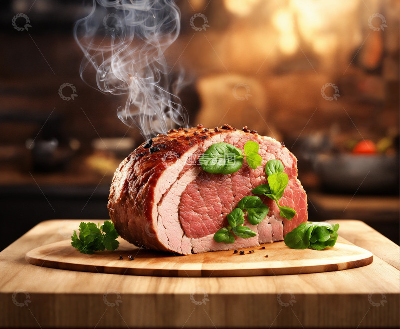 高清大图下载【趣麦麦图】冒烟烤肉木板3D渲染AI插画海报图片素材1