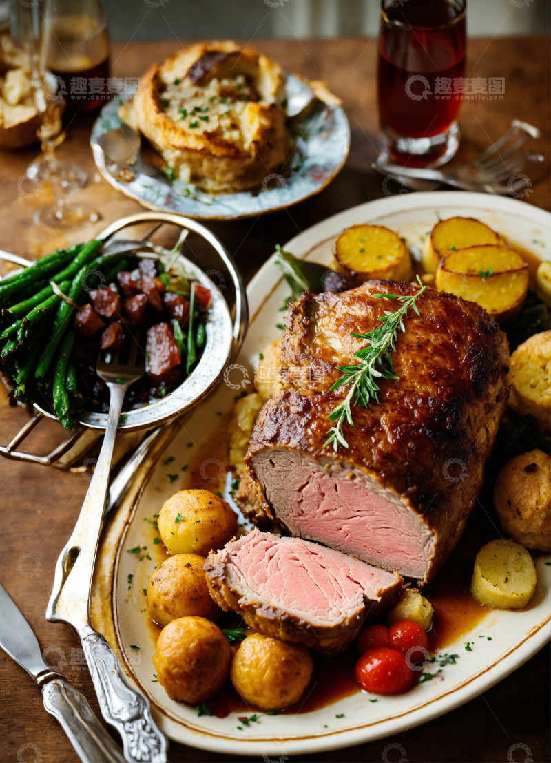 高清大图下载【趣麦麦图】盎格鲁撒克逊烤肉晚餐AI插画海报图片素材