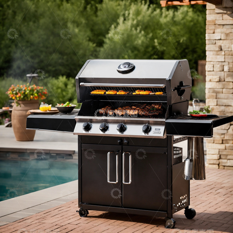 高清大图下载【趣麦麦图】黑色金属烧烤炉不锈钢露台AI插画素材1