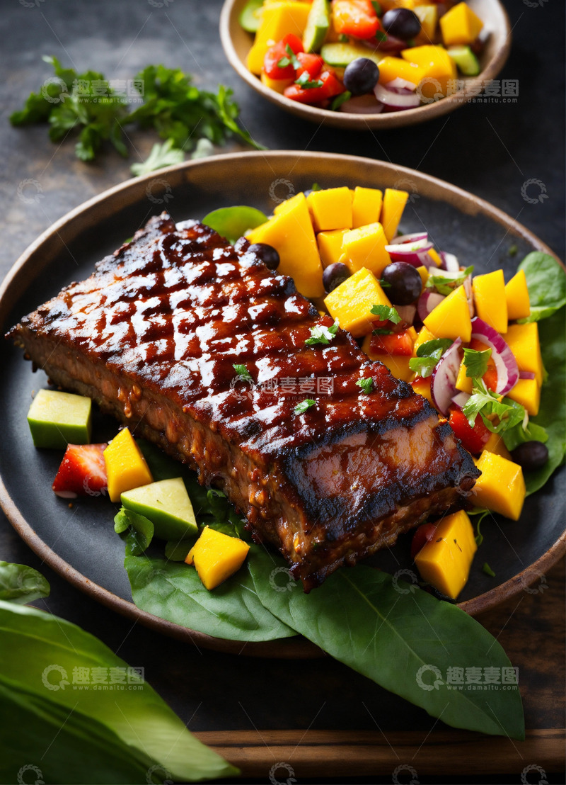 高清大图下载【趣麦麦图】烧烤肋排芒果热带风情高级餐厅AI插画1