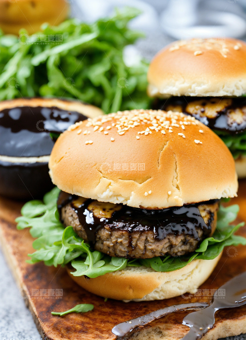 蘑菇汉堡面包芝麻香菜醋AI插画图片2