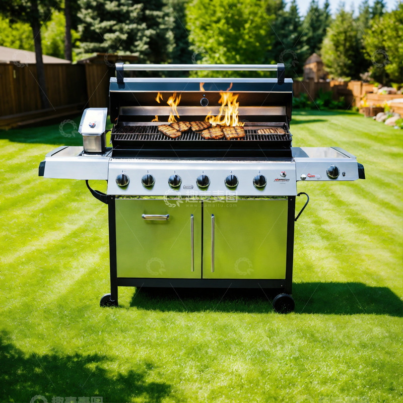 高清大图下载【趣麦麦图】燃气烧烤炉崭新草坪背景AI插画海报素材3