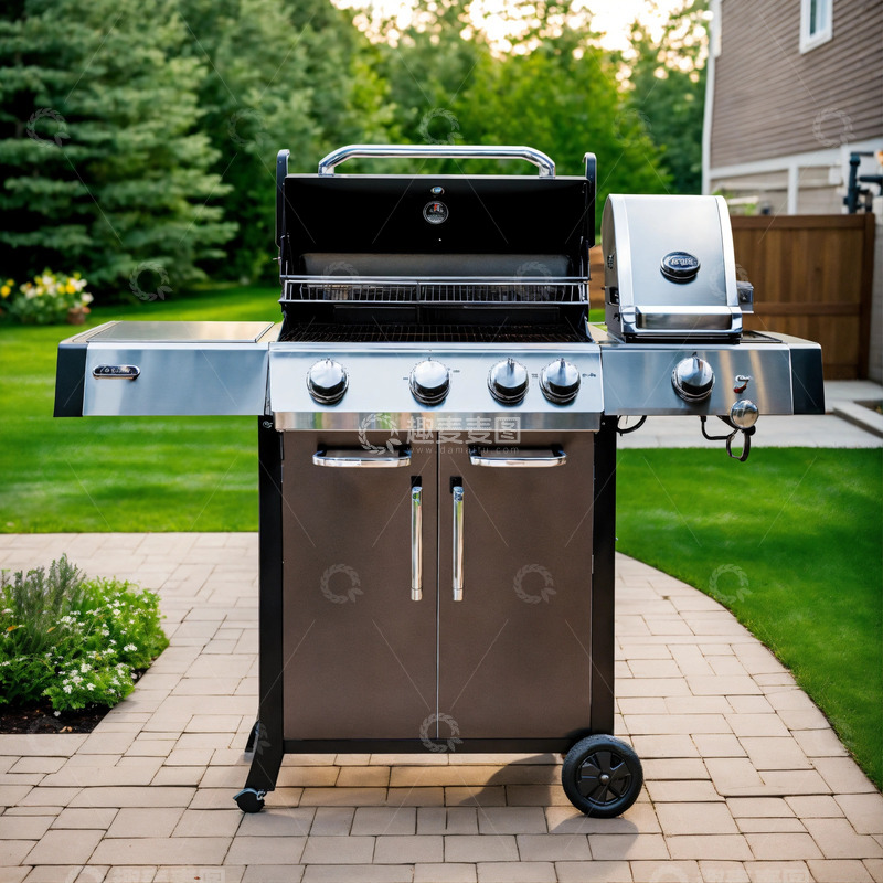 高清大图下载【趣麦麦图】燃气烧烤炉崭新草坪背景AI插画海报素材2