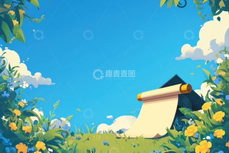 高清大图下载【趣麦麦图】手绘卡通蓝天花草背景