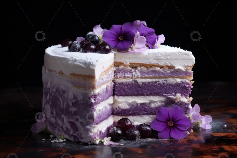 高清大图下载【趣麦麦图】切开的芋泥千层奶油蛋糕