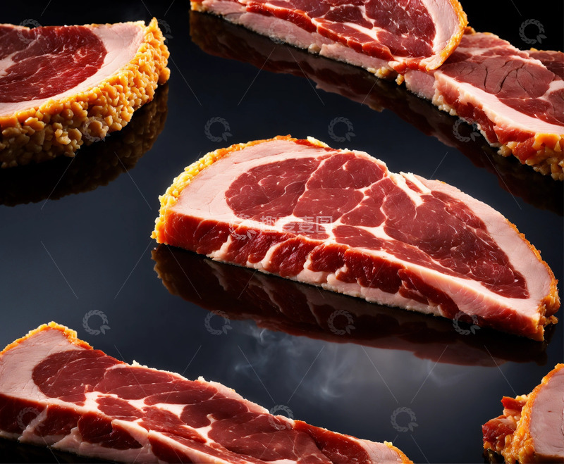 高清大图下载【趣麦麦图】冒烟肉片3D渲染黑背景AI插画海报素材1