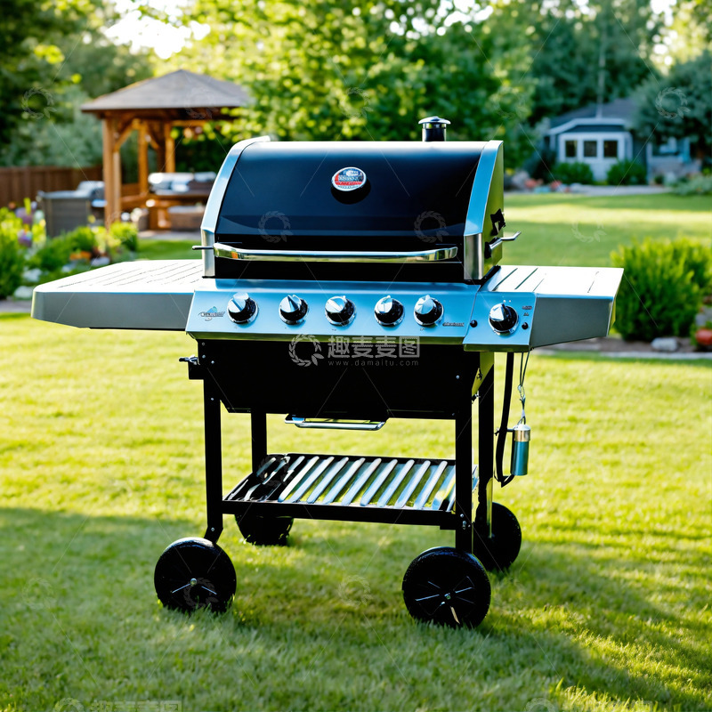 高清大图下载【趣麦麦图】燃气烧烤炉崭新草坪背景AI插画海报素材
