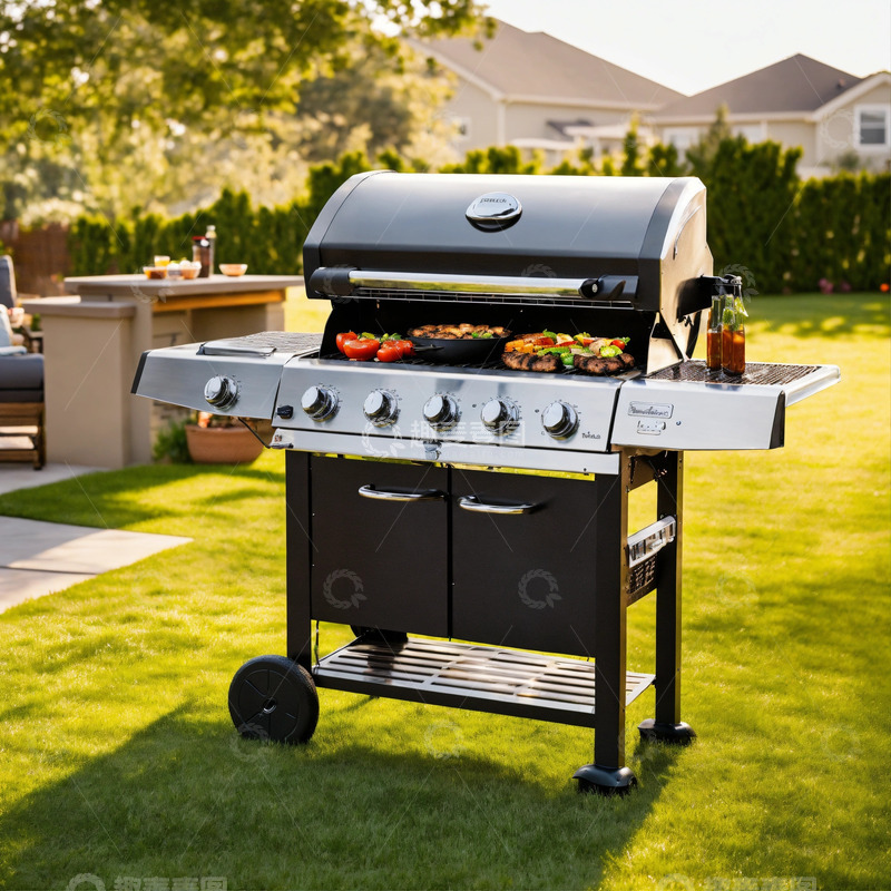 高清大图下载【趣麦麦图】燃气烧烤炉崭新草坪背景AI插画海报素材1