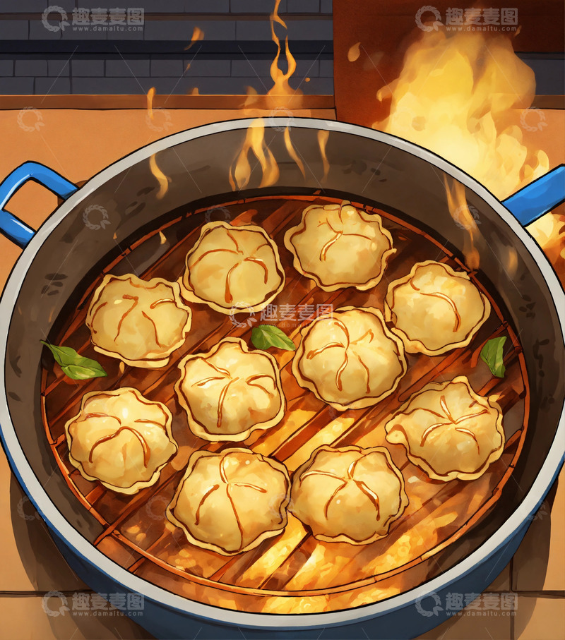 高清大图下载【趣麦麦图】煎饺热油金黄卡通AI插画高清海报图片素材1