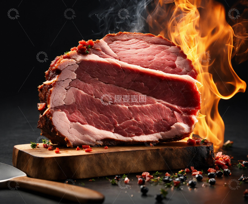 高清大图下载【趣麦麦图】冒烟肉片3D渲染黑背景AI插画海报素材2
