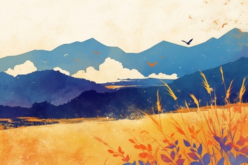 手绘水彩远山田野风景