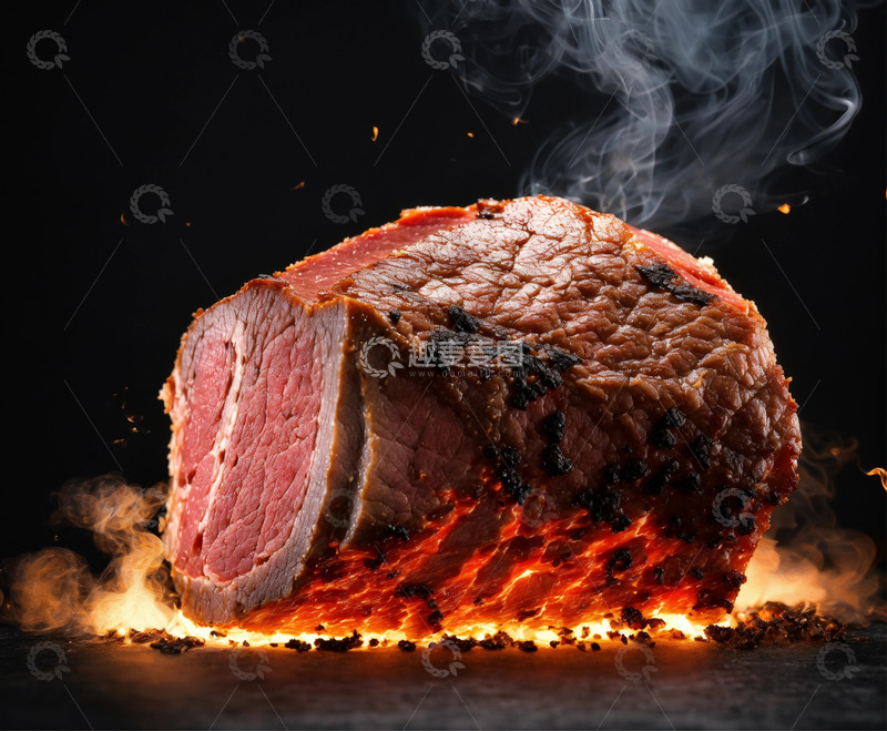 高清大图下载【趣麦麦图】冒烟肉片3D渲染黑背景AI插画海报素材