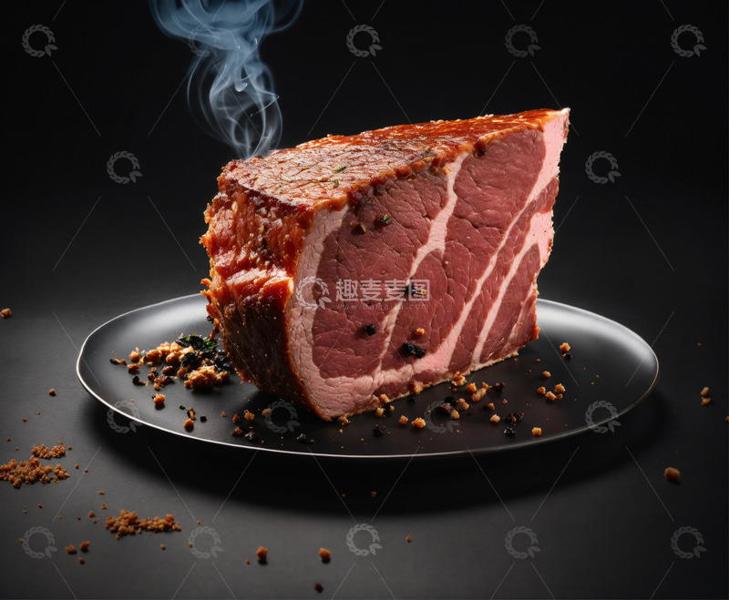 高清大图下载【趣麦麦图】冒烟肉片3D渲染黑背景AI插画海报素材3