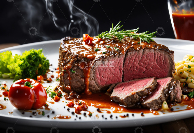 高清大图下载【趣麦麦图】牛肋排黑胡椒酱飞溅美食摄影超现实AI插画3