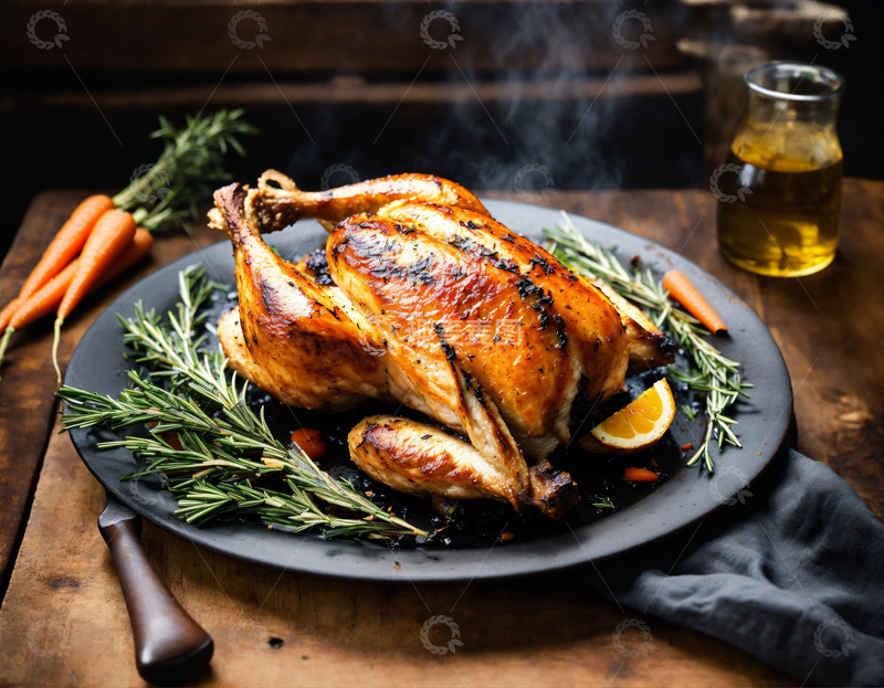 高清大图下载【趣麦麦图】炭火烤鸡焦香胡萝卜迷迭香森林AI插画素材1