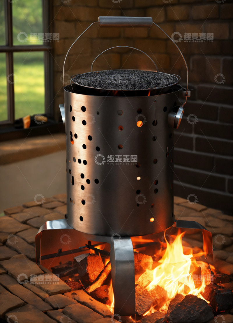 高清大图下载【趣麦麦图】木炭烟囱烧烤点火器3D艺术AI插画素材2