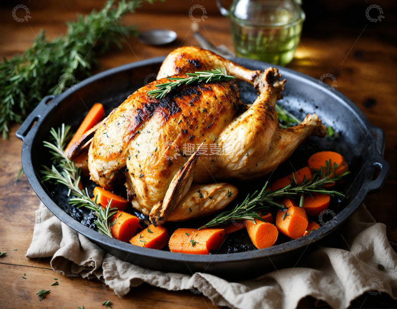 高清大图下载【趣麦麦图】炭火烤鸡焦香胡萝卜迷迭香森林AI插画素材