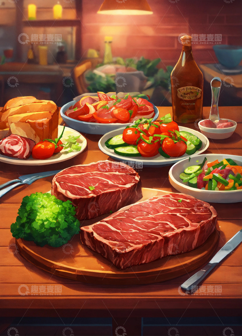 牛排美食桌吐司面包蔬菜AI插画素材1