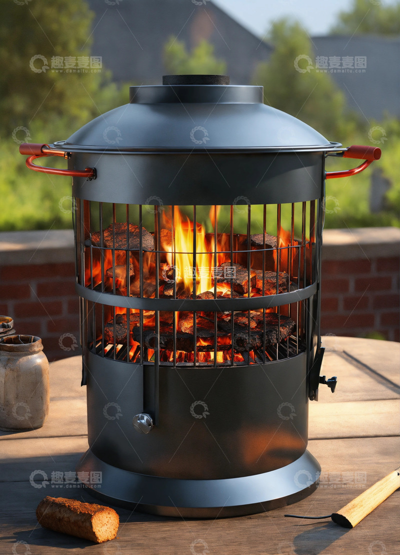 高清大图下载【趣麦麦图】木炭烟囱烧烤点火器3D艺术AI插画素材1