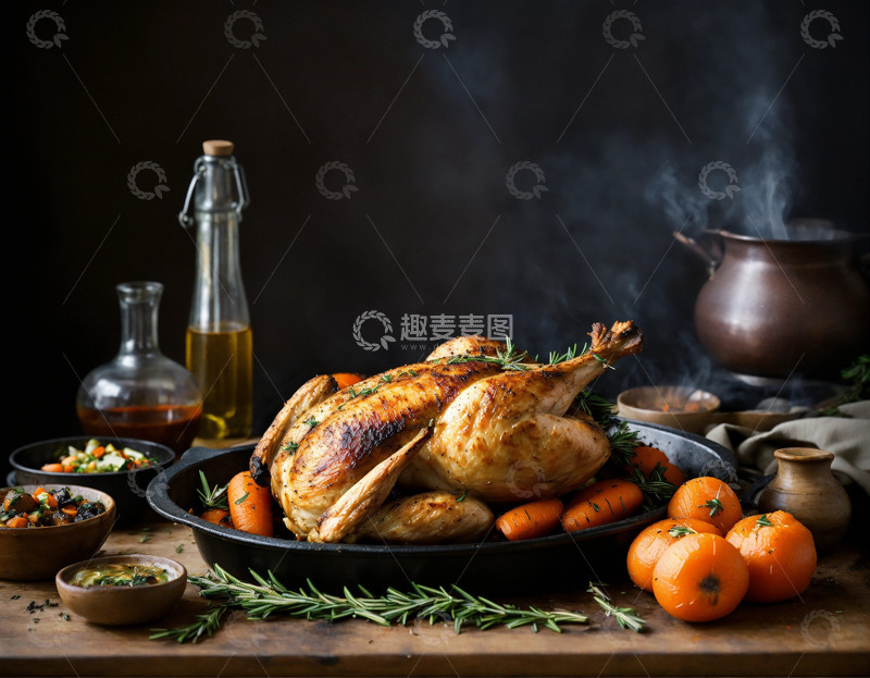 高清大图下载【趣麦麦图】炭火烤鸡焦香胡萝卜迷迭香森林AI插画素材2