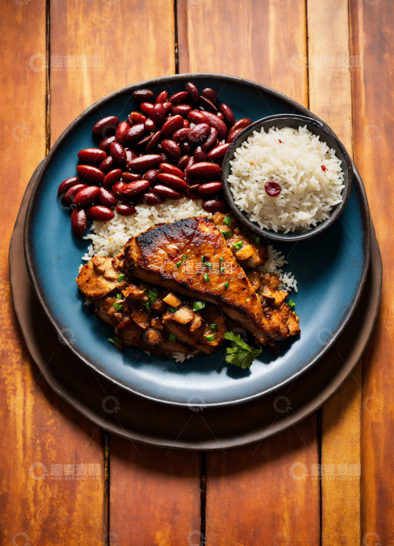 高清大图下载【趣麦麦图】牙买加烤鸡米饭红腰豆精致摆盘AI插画素材