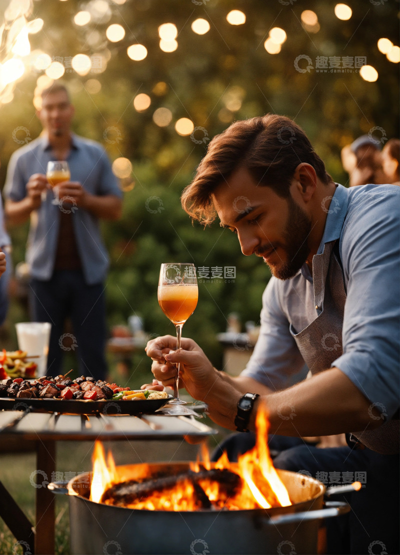高清大图下载【趣麦麦图】新婚夫妇烧烤派对电影级摄影AI插画素材1