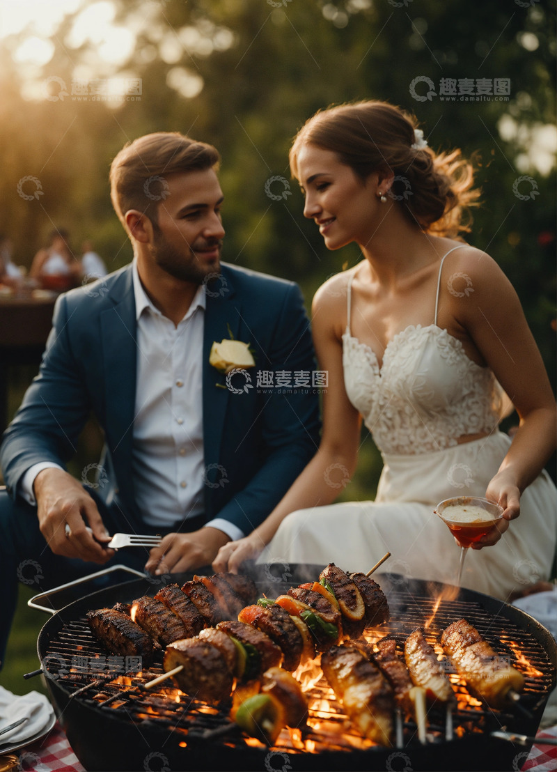 高清大图下载【趣麦麦图】新婚夫妇烧烤派对电影级摄影AI插画素材2