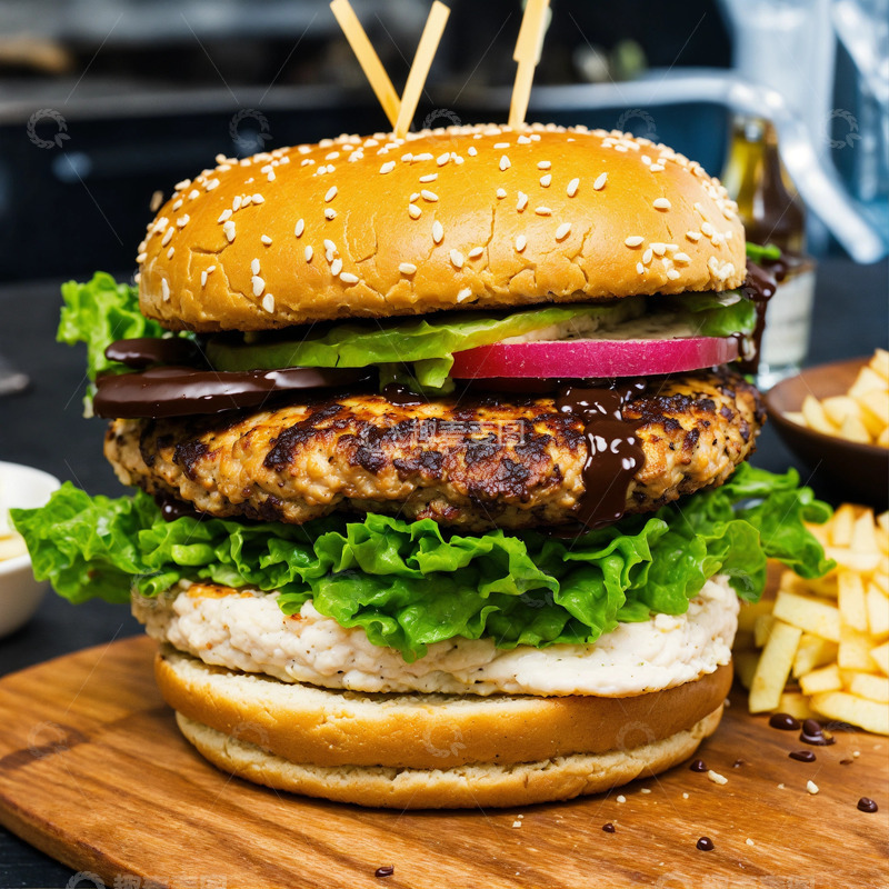 高清大图下载【趣麦麦图】鸡肉巧克力汉堡AI插画高清海报图片素材1
