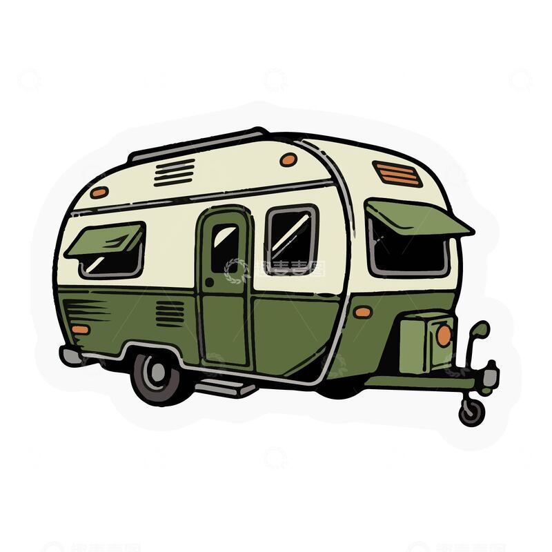 源文件下载【趣麦麦图】绿色露营房车手绘插画