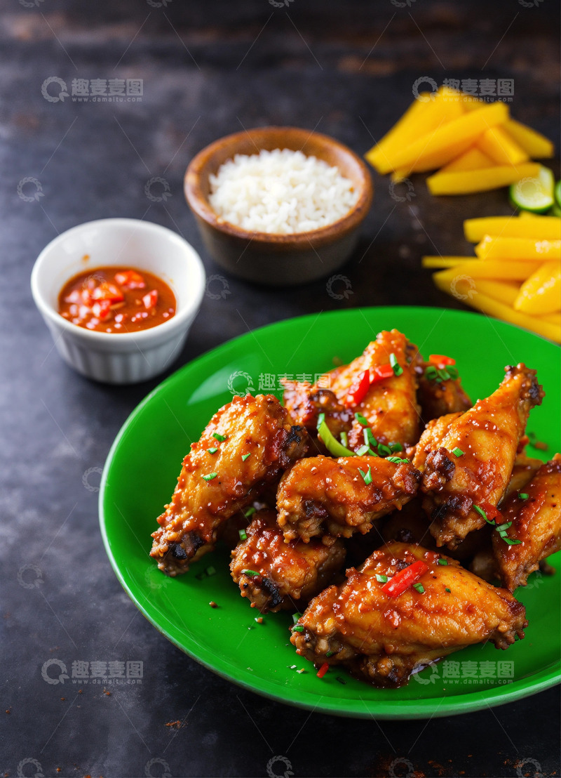 高清大图下载【趣麦麦图】香辣鸡翅热带风情美食摄影AI插画海报素材1
