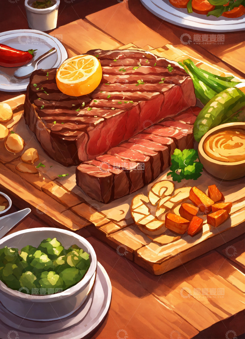 牛排美食桌吐司面包蔬菜AI插画素材2