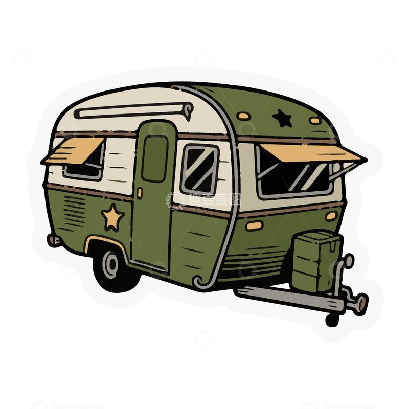 源文件下载【趣麦麦图】绿色露营房车手绘