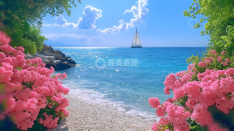 高清大图下载【趣麦麦图】沙滩上的粉花与帆船大海美景2