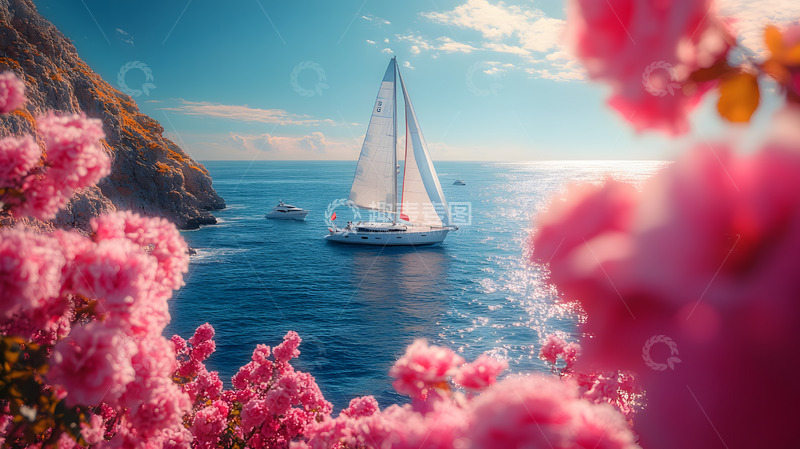 高清大图下载【趣麦麦图】沙滩上的粉花与帆船大海美景1