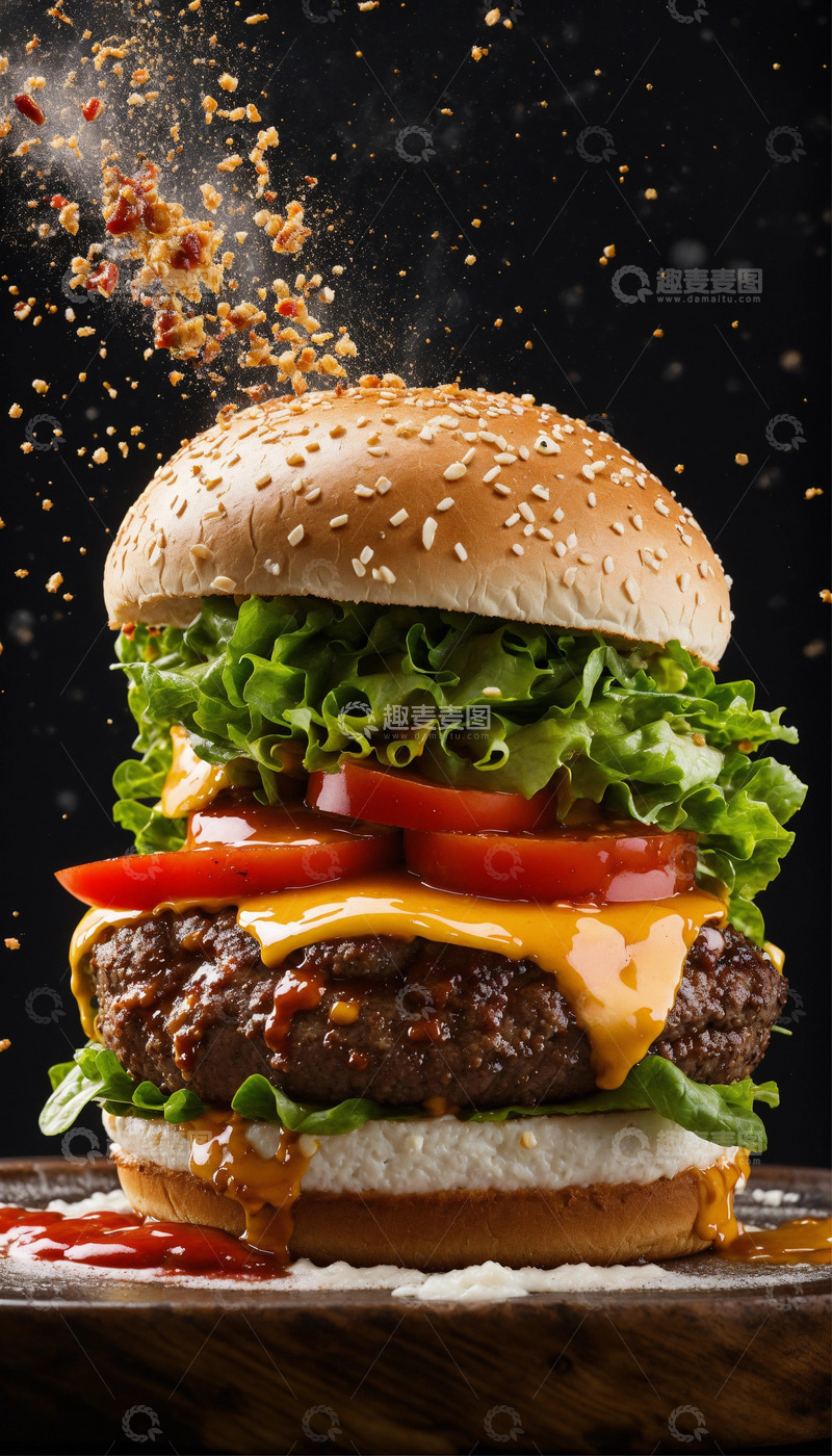 高清大图下载【趣麦麦图】汉堡飞溅番茄酱摄影写实火焰牛排AI插画3