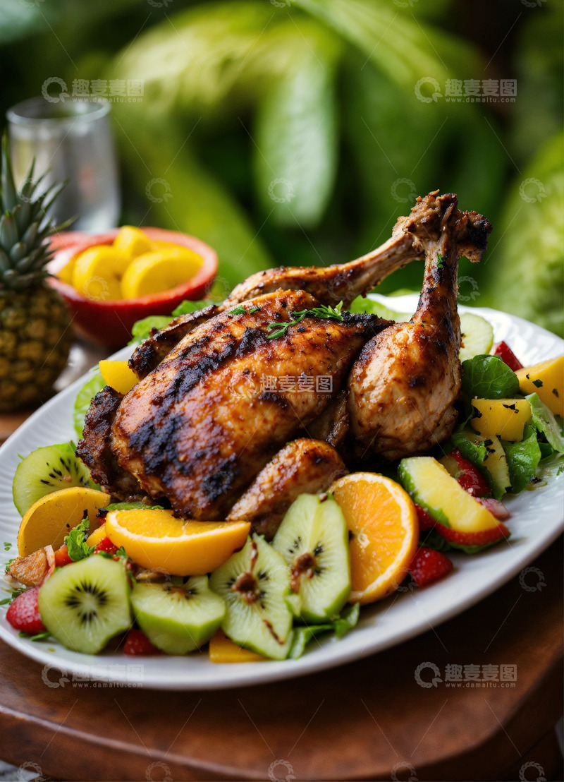 高清大图下载【趣麦麦图】烤鸡热带风情水果高级餐饮AI插画图片素材
