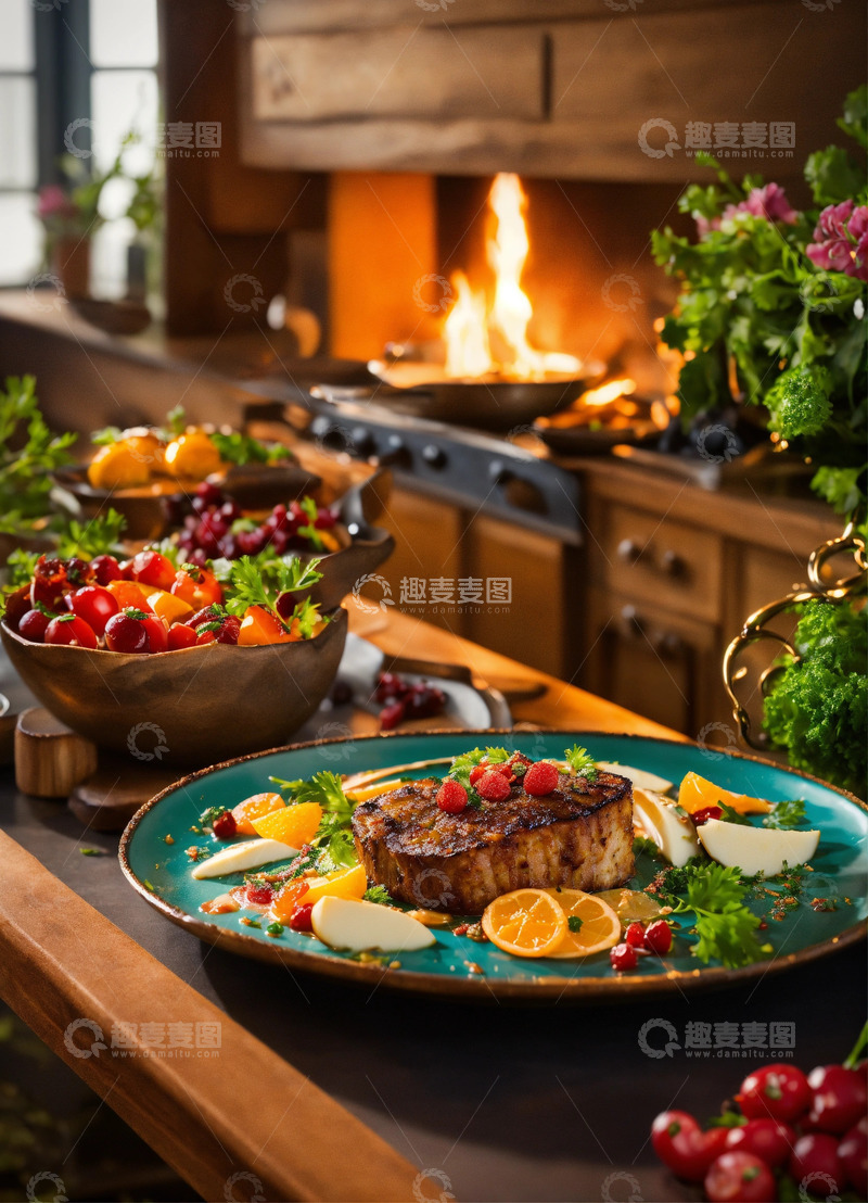 高清大图下载【趣麦麦图】美食艺术精致摆盘鲜艳色彩AI插画素材2