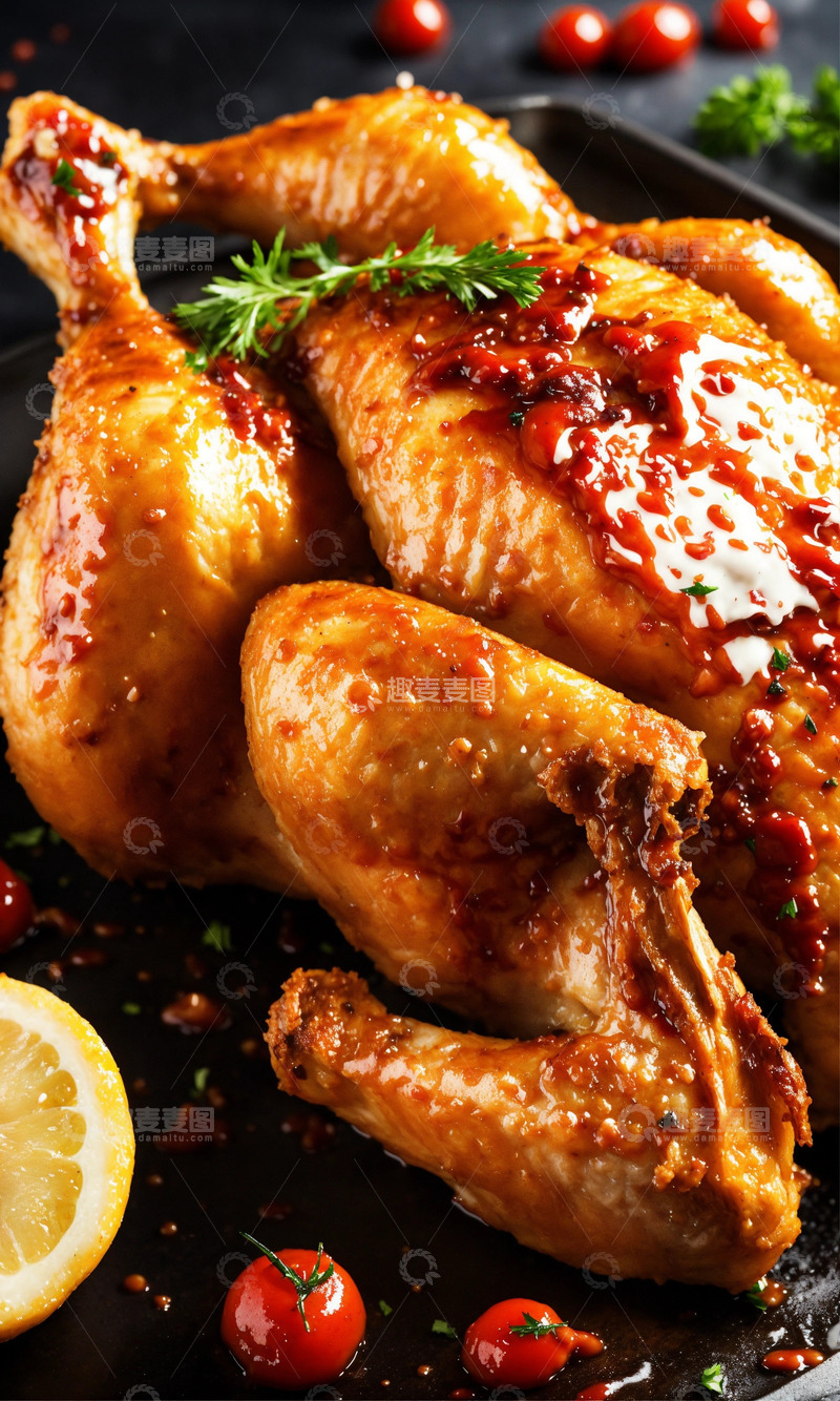 高清大图下载【趣麦麦图】酥脆烤鸡番茄酱飞溅美食微距AI插画