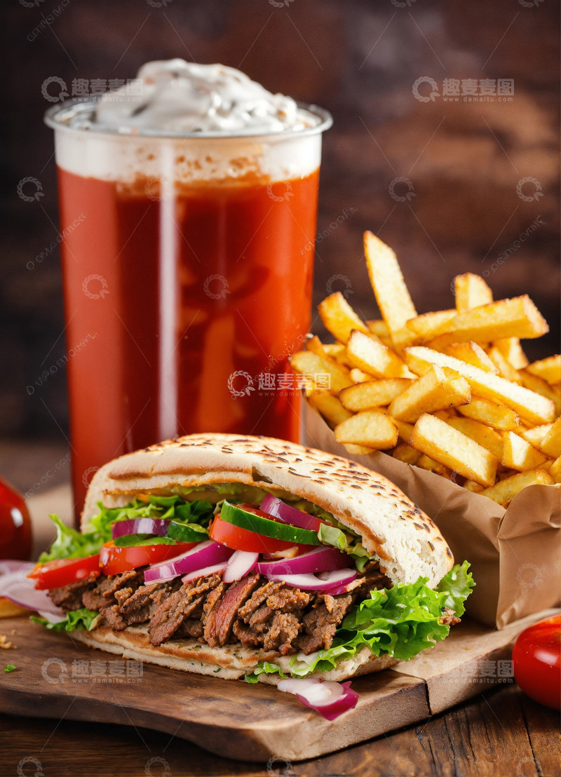 高清大图下载【趣麦麦图】烤肉卷饼薯条罐装饮料AI插画海报图片素材6