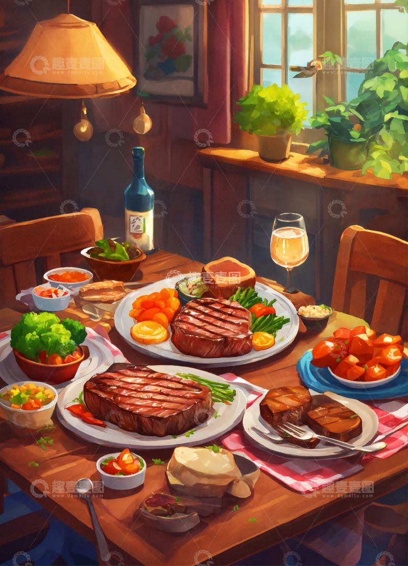 牛排美食桌吐司面包蔬菜AI插画素材