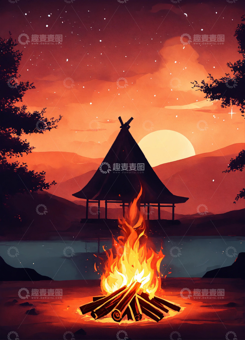 高清大图下载【趣麦麦图】冥想背景篝火AI插画高清海报图片素材1