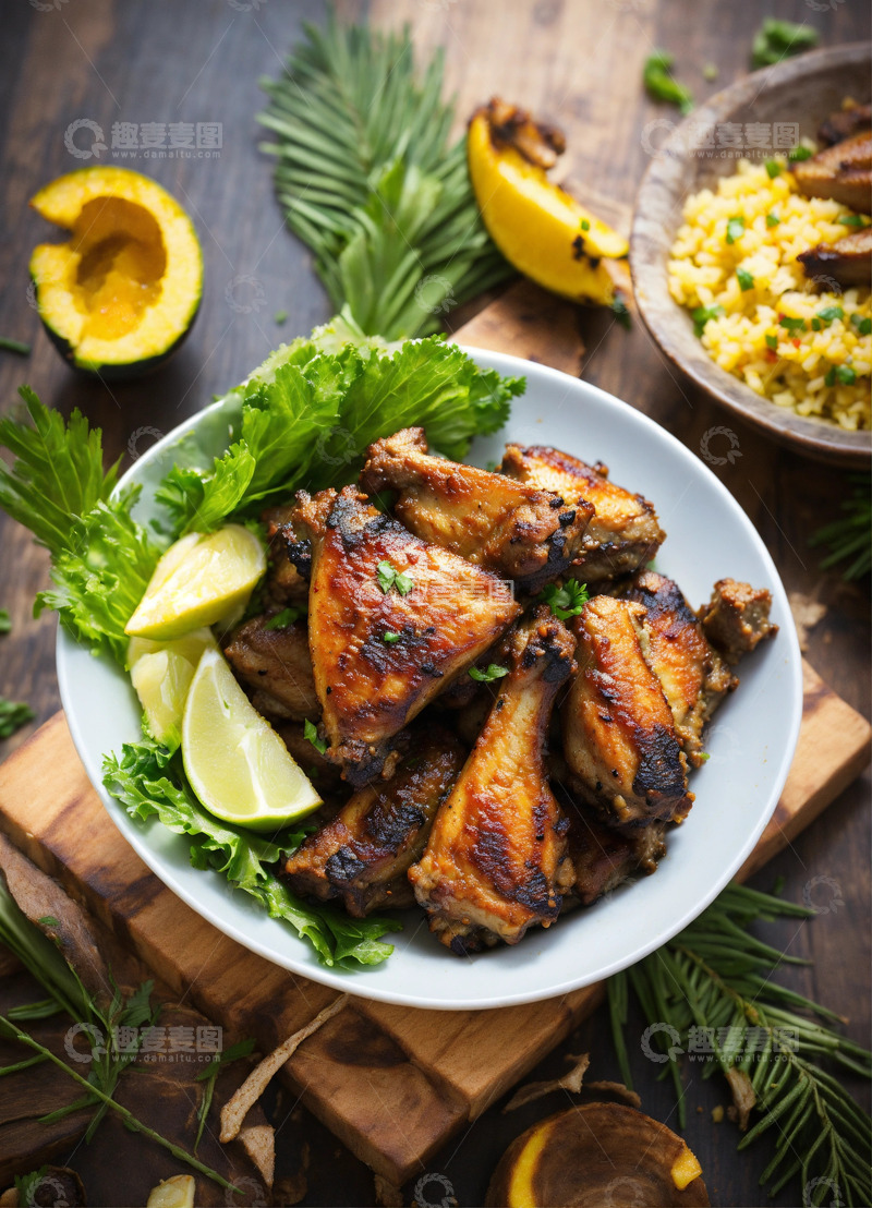 高清大图下载【趣麦麦图】牙买加烤鸡翅美食摄影热带风情AI插画素材2