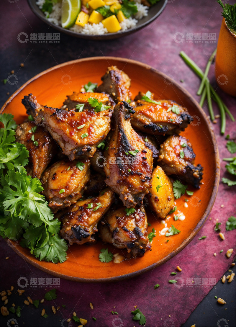 高清大图下载【趣麦麦图】牙买加烤鸡翅美食摄影热带风情AI插画素材3