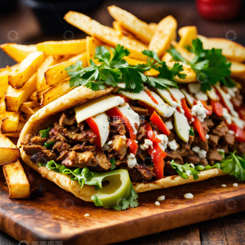 高清大图下载【趣麦麦图】沙威玛薯条特写美食摄影高级料理AI插画3