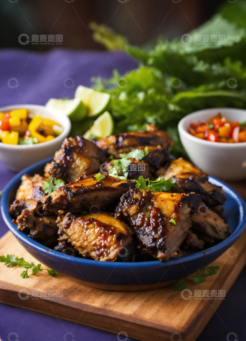 高清大图下载【趣麦麦图】牙买加烤鸡翅美食摄影热带风情AI插画素材1