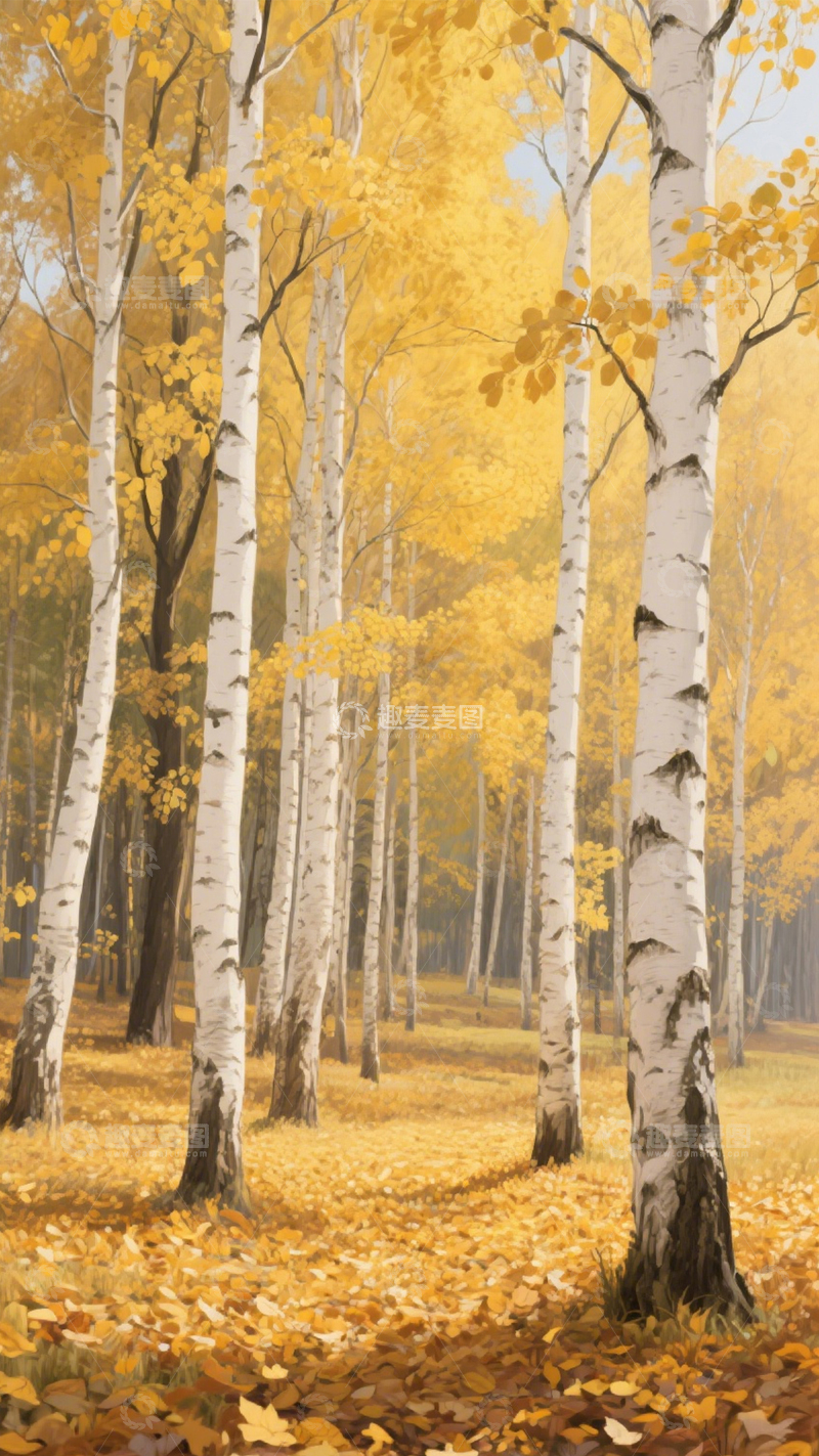 高清大图下载【趣麦麦图】秋日白桦林金黄诗意