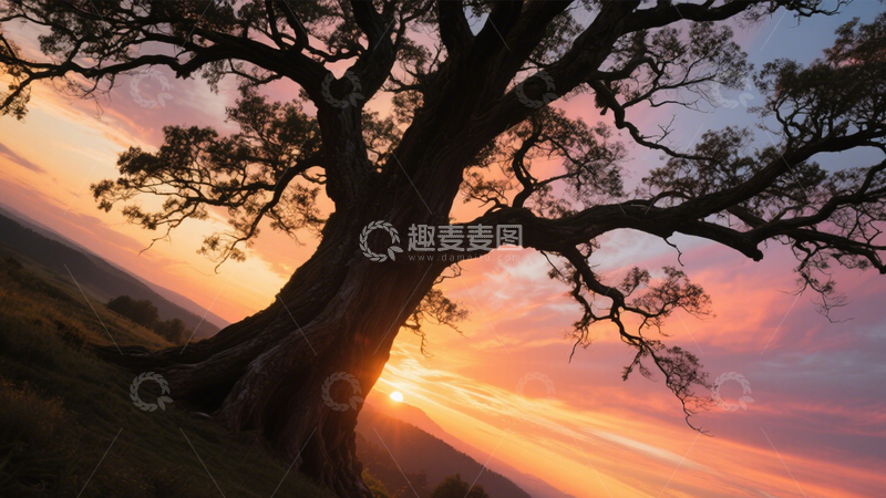 高清大图下载【趣麦麦图】孤树落日剪影静谧景1