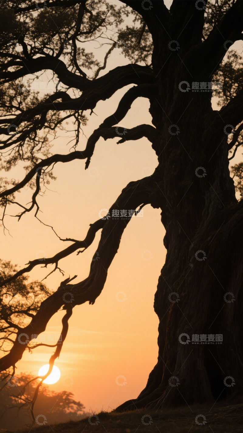 高清大图下载【趣麦麦图】孤树落日剪影静谧景