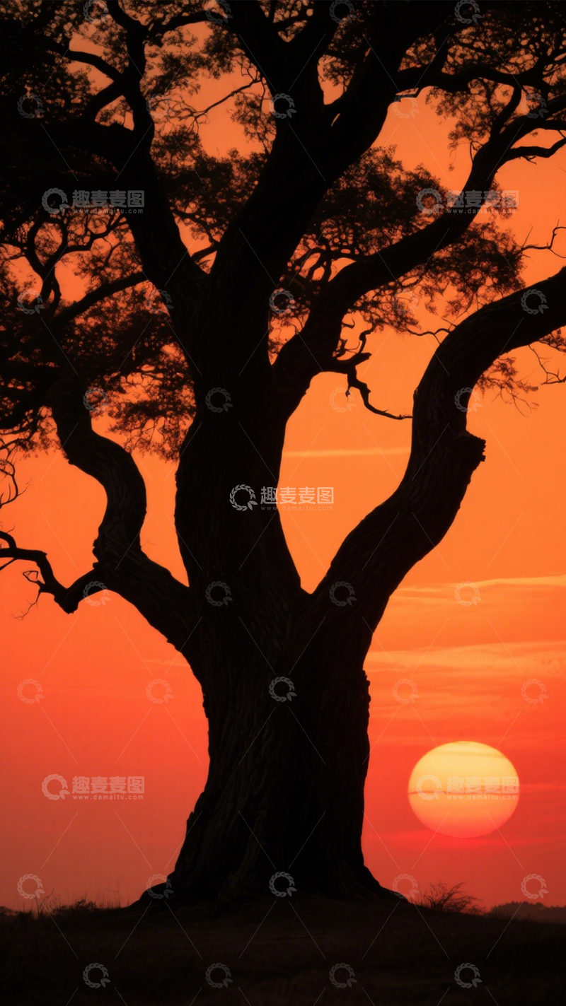 高清大图下载【趣麦麦图】孤树落日剪影静谧景3